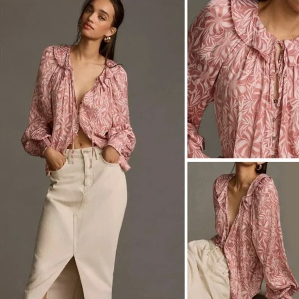 Florence Balducci Anthropologie Femme Blouse Collared Long Sleeve Top Pink Large